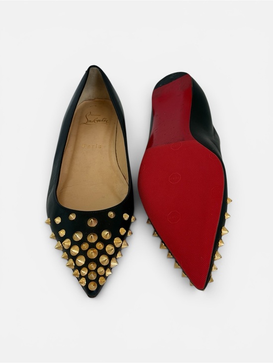 Christian Louboutin Shoes - Christian Louboutin Black Leather Pointed Flats with Gold Spikes